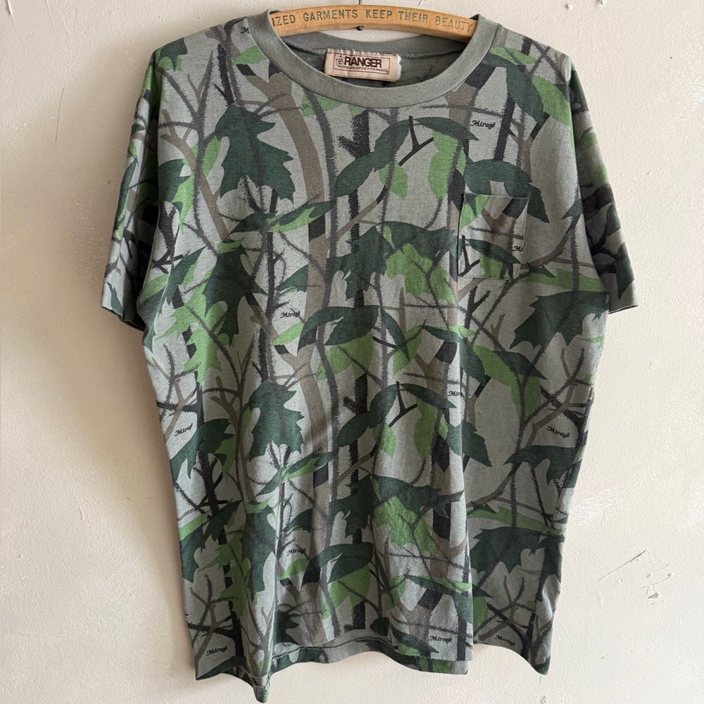 Vintage 1980s ranger camo pocket paper thin tee XL 50/50 made in USA